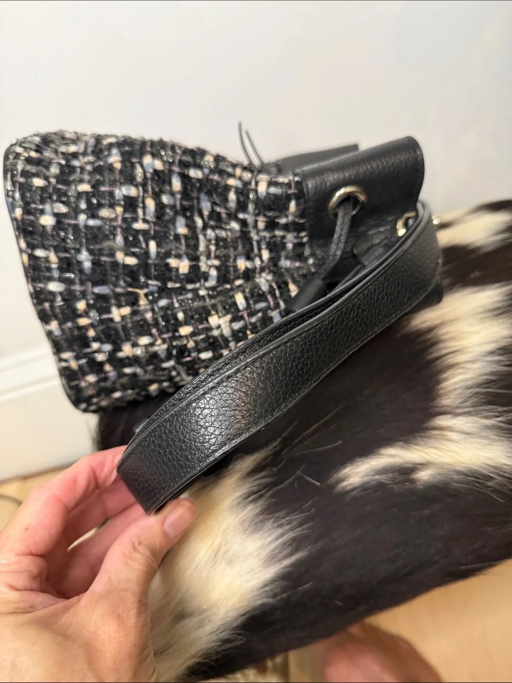 kate spade Marti Black Tweed Pebbled Leather Bucket Shoulder Bag